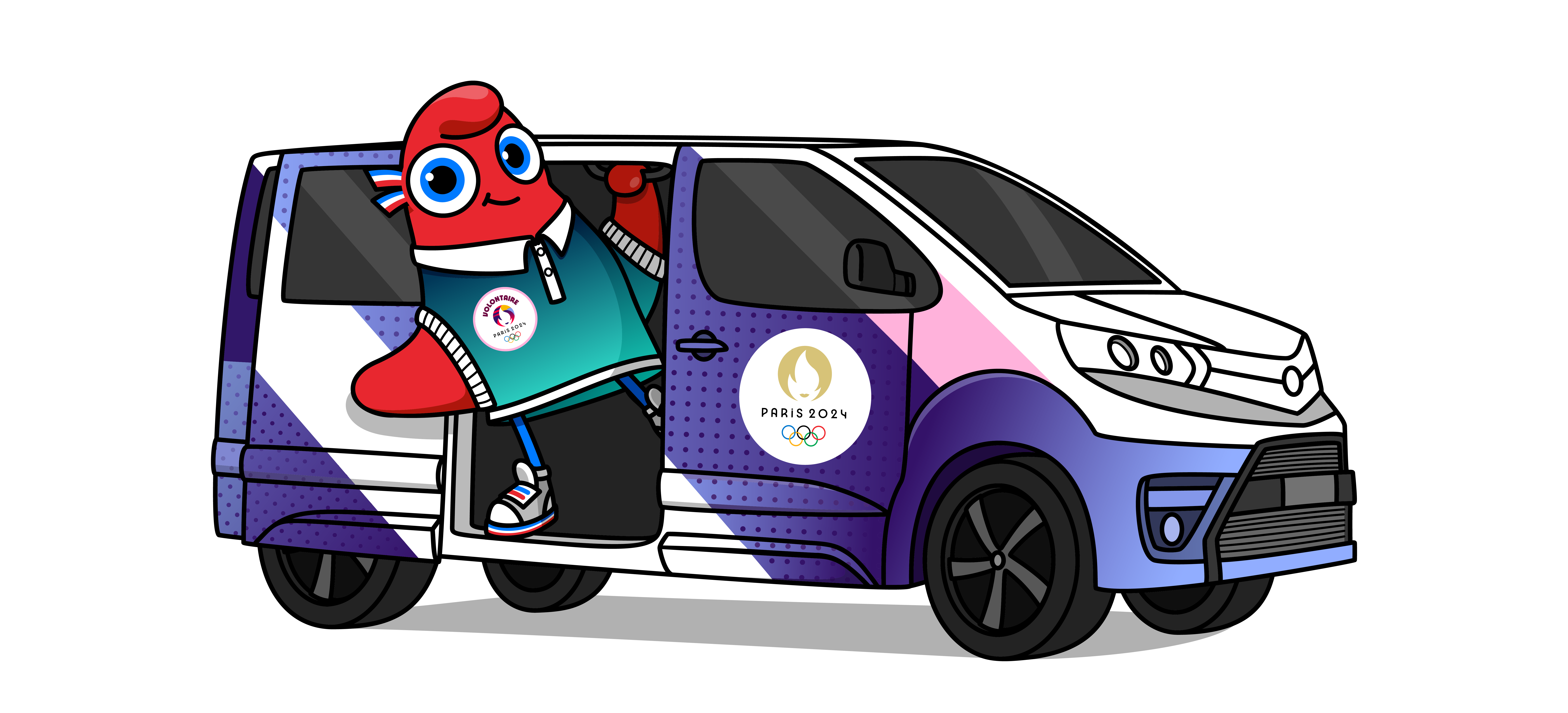 Phryge Olympique habillé en volontaire qui est conducteur  de van pour transporter des personnes